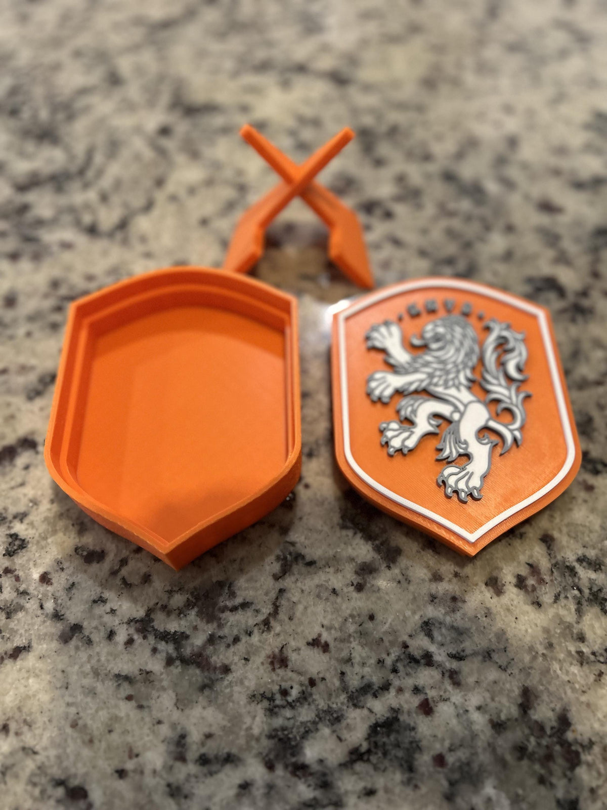 Netherlands Oranje KNVB 3D printed crest display with stand and hidden stash box, Dutch soccer fan gift, made in USA