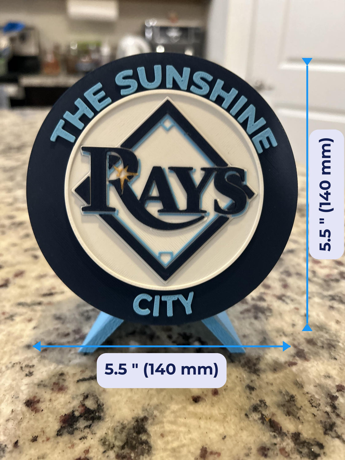 Size guide: Tampa Bay Rays Personalized Desk Display with Stand 5.5 inches (140 mm) across, about 1 inch deep on the stand