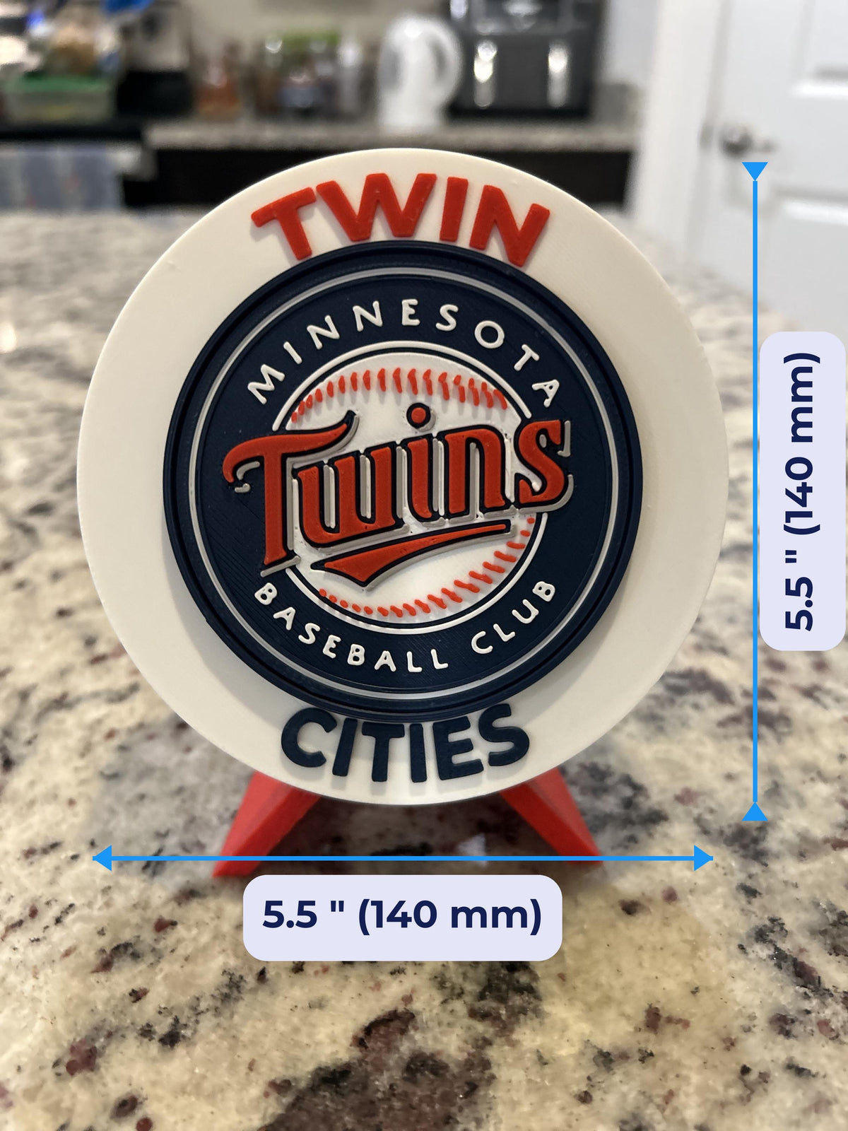 Size guide: Minnesota Twins Personalized Desk Display with Stand 5.5 inches (140 mm) across, about 1 inch deep on the stand