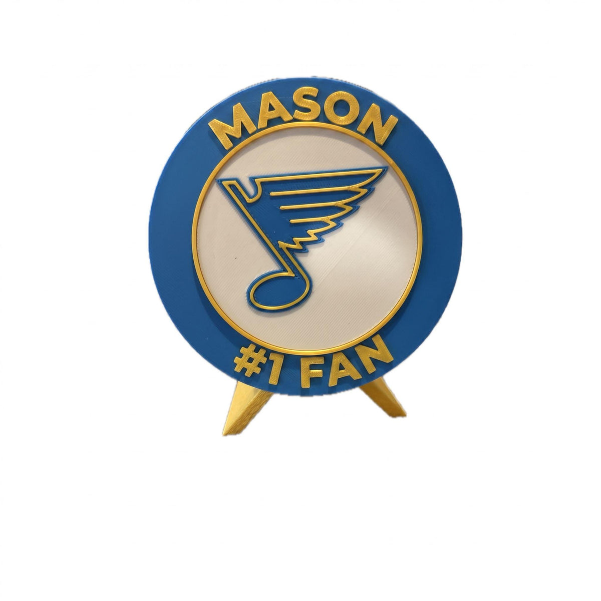 Personalized example with the name MASON on top and #1 FAN on the bottom, 3D printed to order