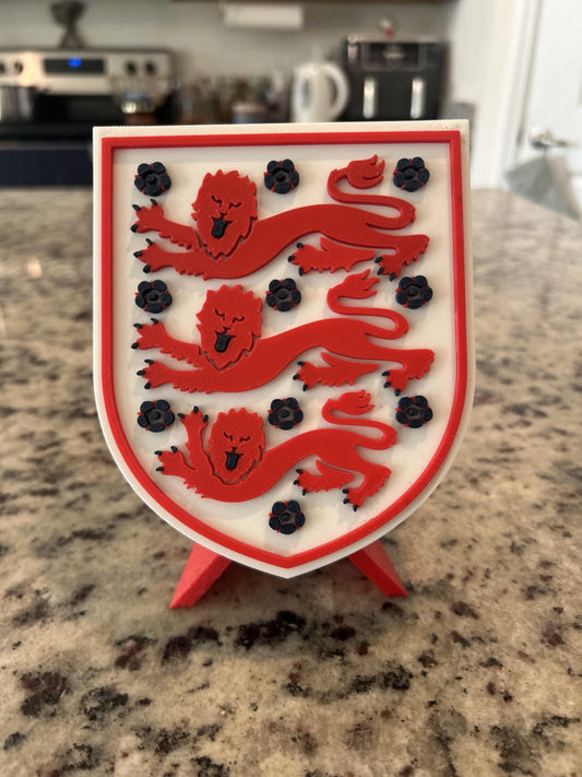 England Three Lions FA 3D printed crest display with stand and hidden stash box, made-to-order England national team soccer fan gift, made in USA