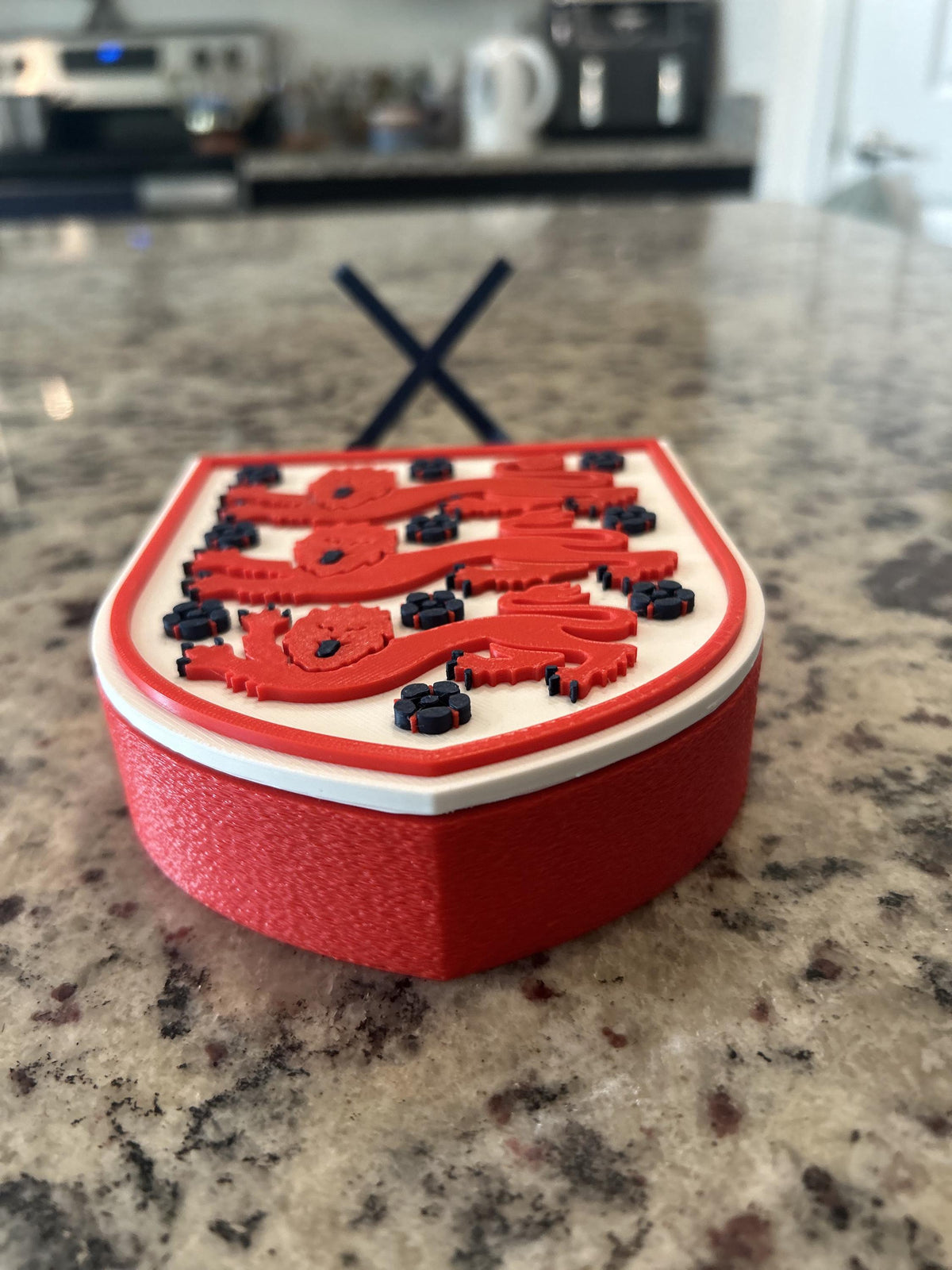England Three Lions FA 3D printed crest display with stand and hidden stash box, made-to-order England national team soccer fan gift, made in USA