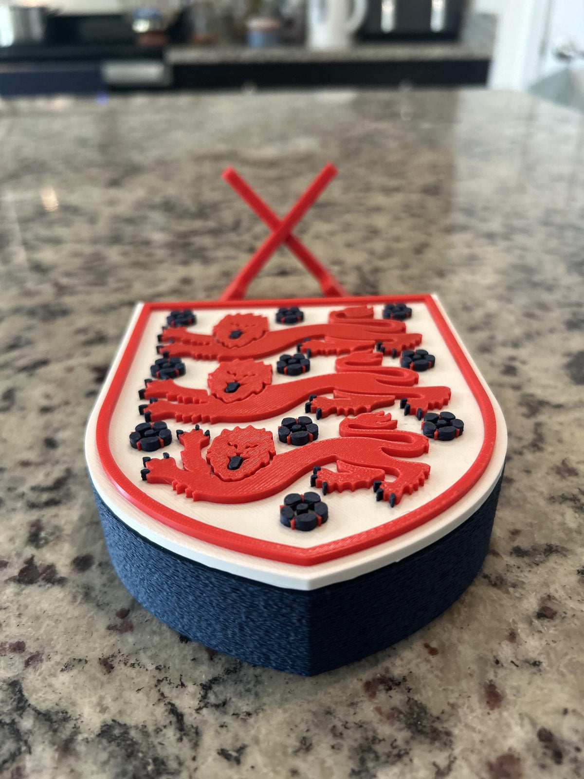 England Three Lions FA 3D printed crest display with stand and hidden stash box, made-to-order England national team soccer fan gift, made in USA