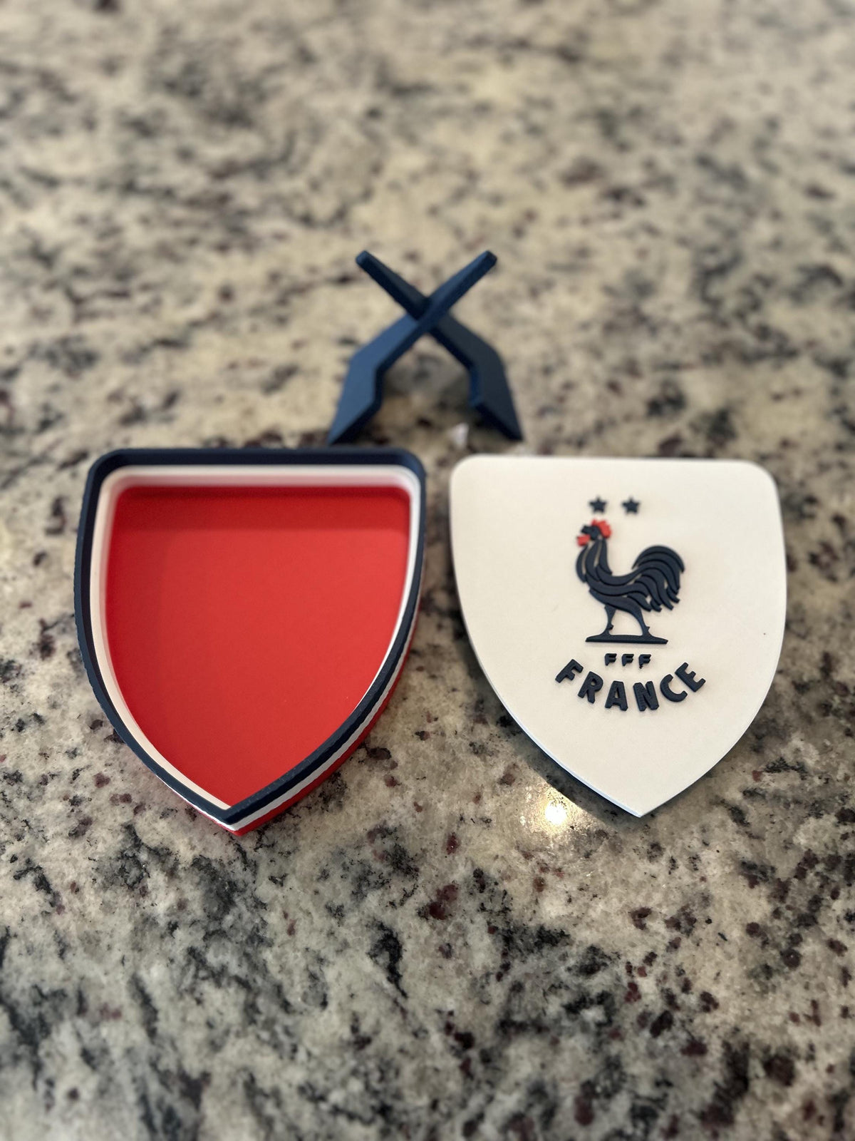 France Les Bleus FFF 3D printed crest display with stand and hidden stash box, made-to-order France national team soccer fan gift, made in USA
