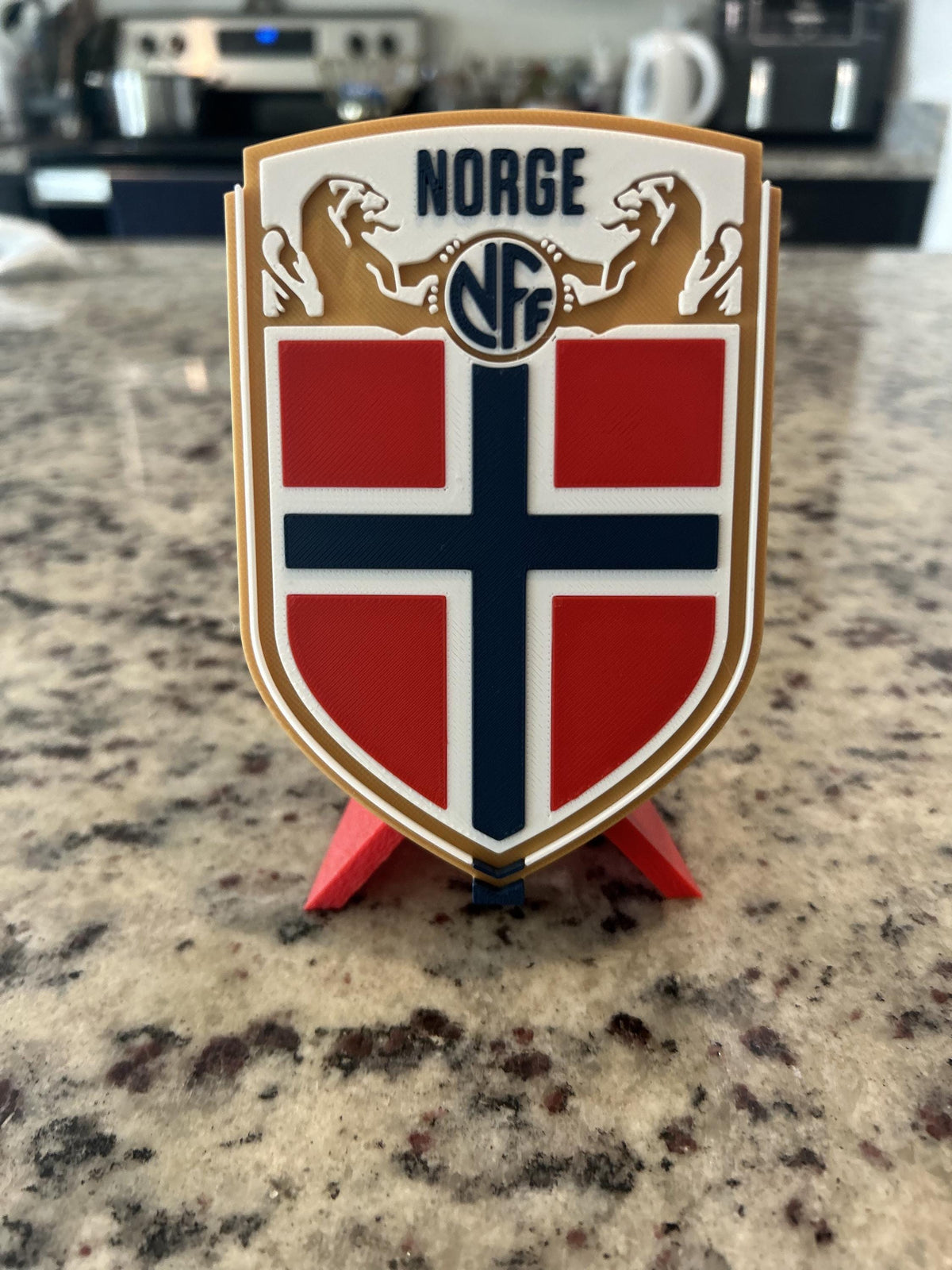 Norway Norge NFF 3D printed crest display with stand and hidden stash box, made-to-order Norway national team soccer fan gift, made in USA