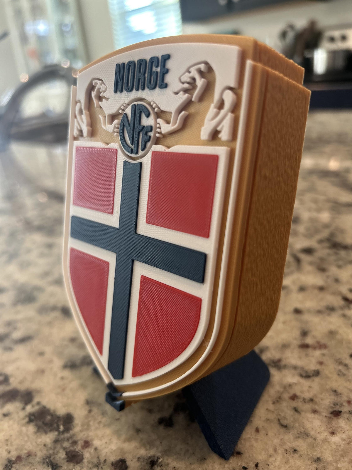 Norway Norge NFF 3D printed crest display with stand and hidden stash box, made-to-order Norway national team soccer fan gift, made in USA