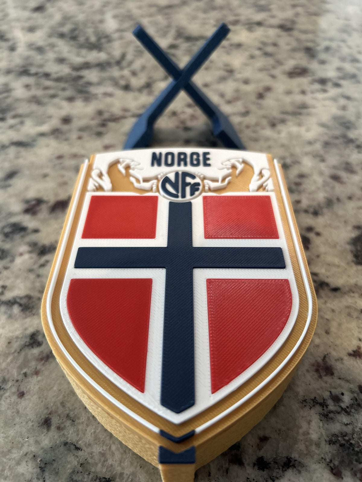 Norway Norge NFF 3D printed crest display with stand and hidden stash box, made-to-order Norway national team soccer fan gift, made in USA