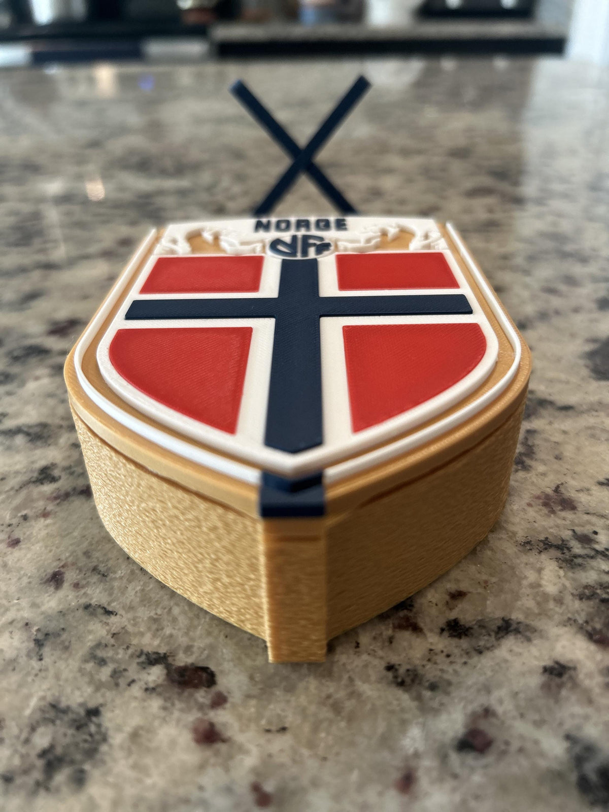 Norway Norge NFF 3D printed crest display with stand and hidden stash box, made-to-order Norway national team soccer fan gift, made in USA