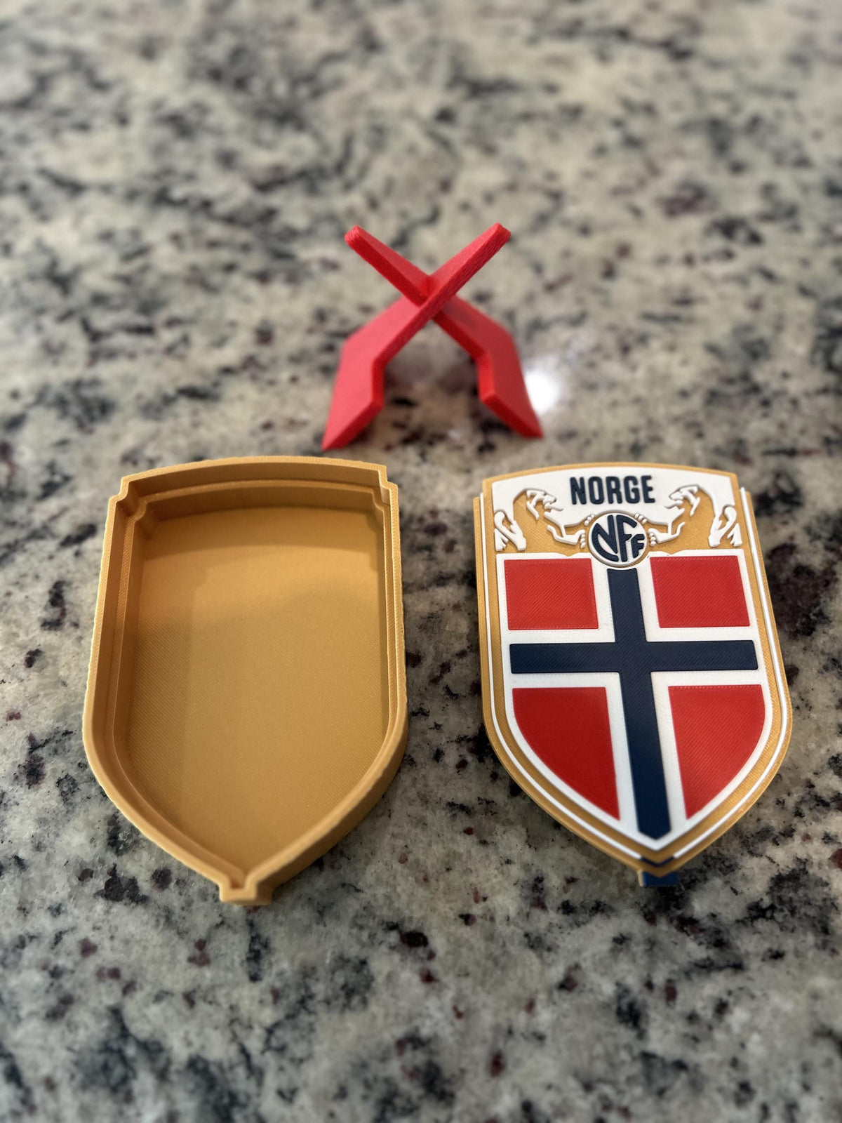 Norway Norge NFF 3D printed crest display with stand and hidden stash box, made-to-order Norway national team soccer fan gift, made in USA