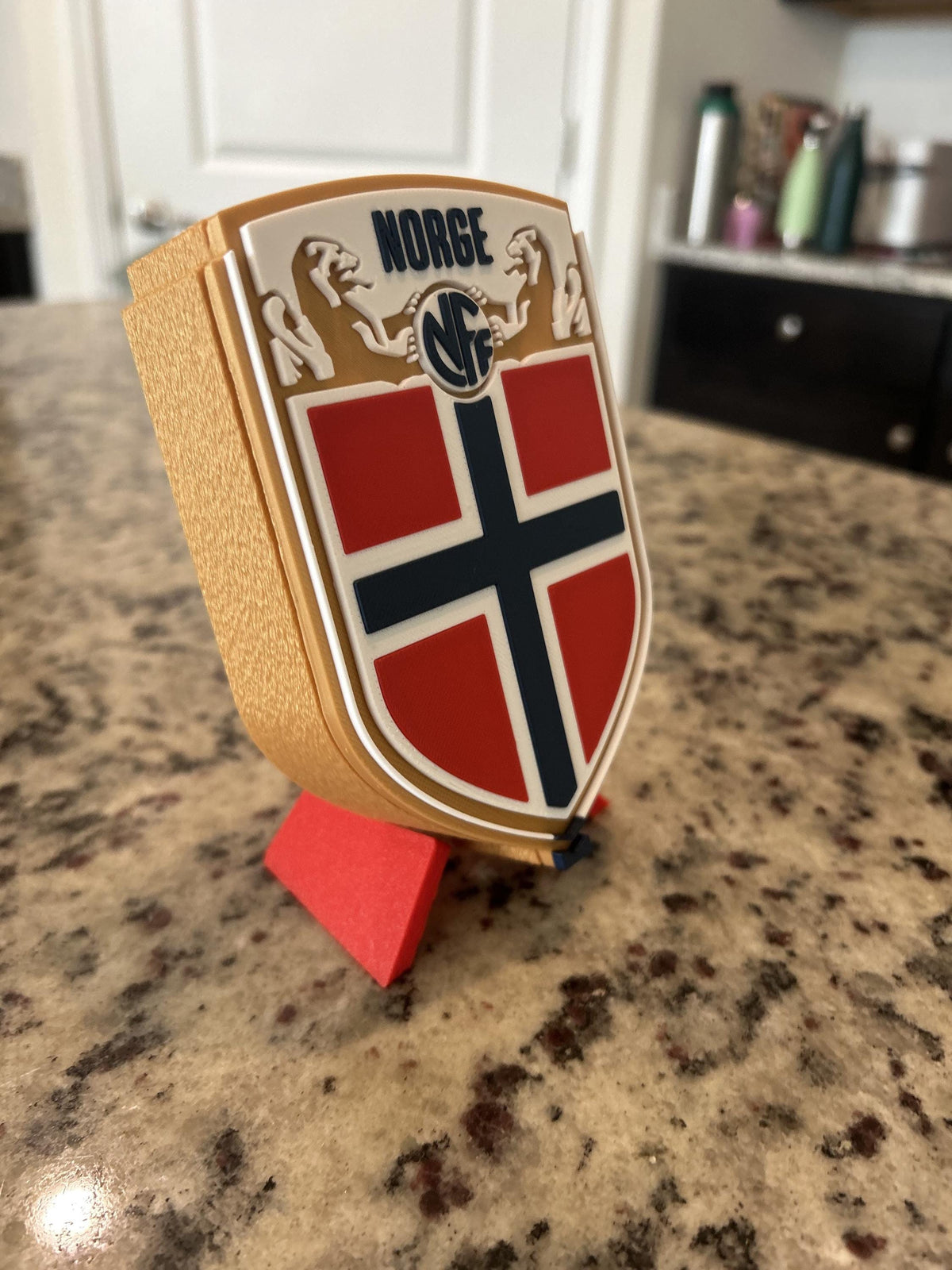 Norway Norge NFF 3D printed crest display with stand and hidden stash box, made-to-order Norway national team soccer fan gift, made in USA