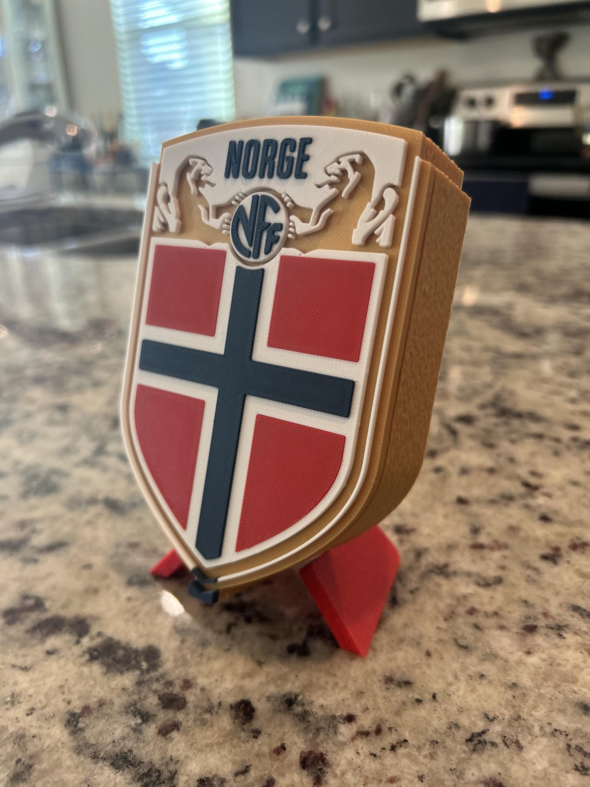 Norway Norge NFF 3D printed crest display with stand and hidden stash box, made-to-order Norway national team soccer fan gift, made in USA