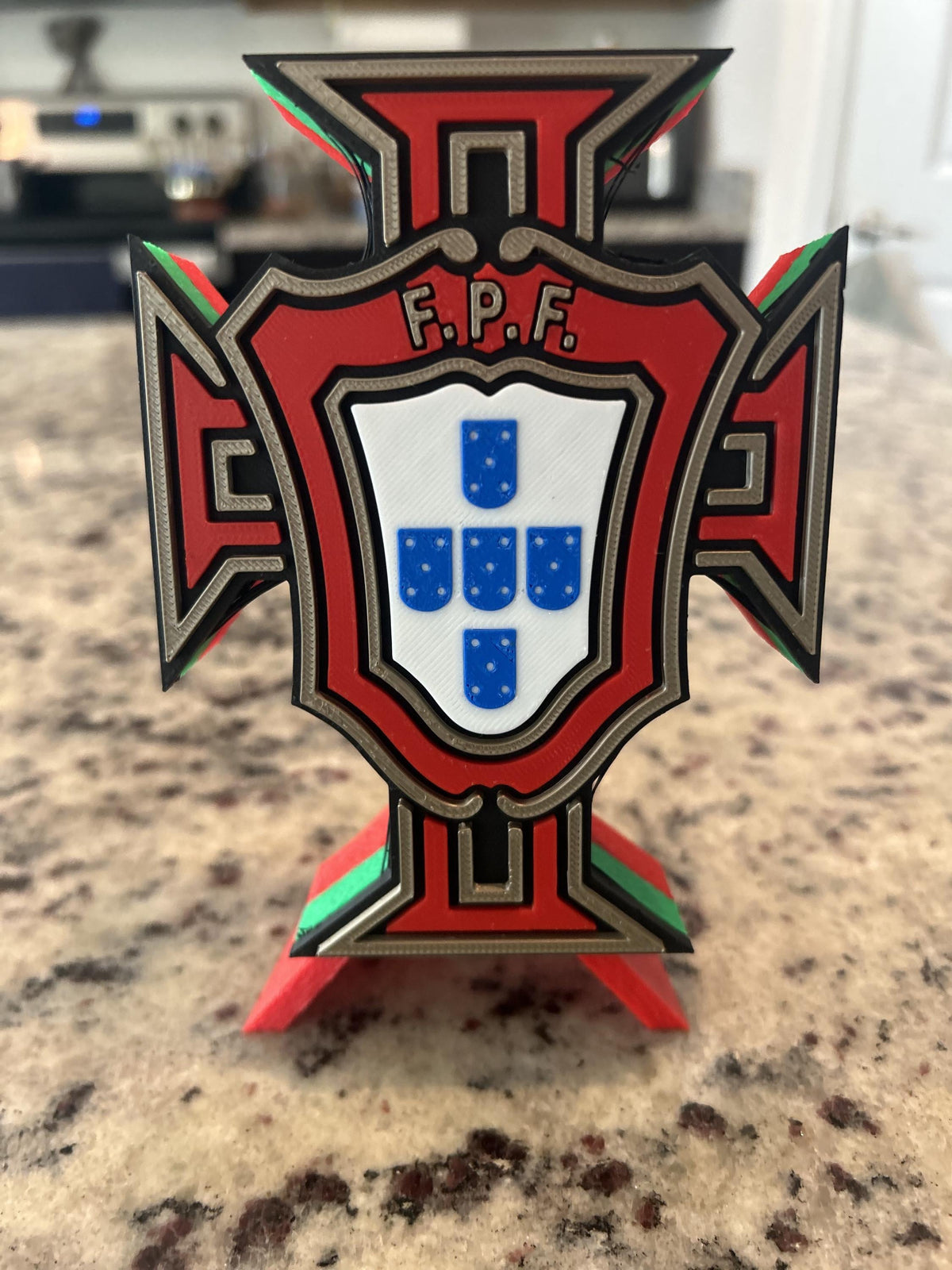 Portugal Selecao FPF 3D printed crest display with stand and hidden stash box, made-to-order Portugal national team soccer fan gift, made in USA