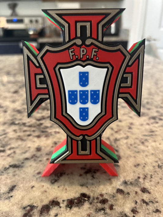 Portugal Selecao FPF 3D printed crest display with stand and hidden stash box, made-to-order Portugal national team soccer fan gift, made in USA
