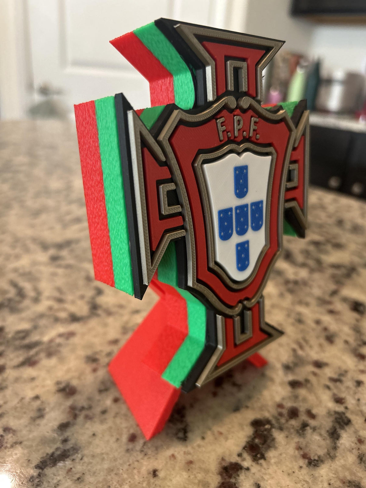 Portugal Selecao FPF 3D printed crest display with stand and hidden stash box, made-to-order Portugal national team soccer fan gift, made in USA