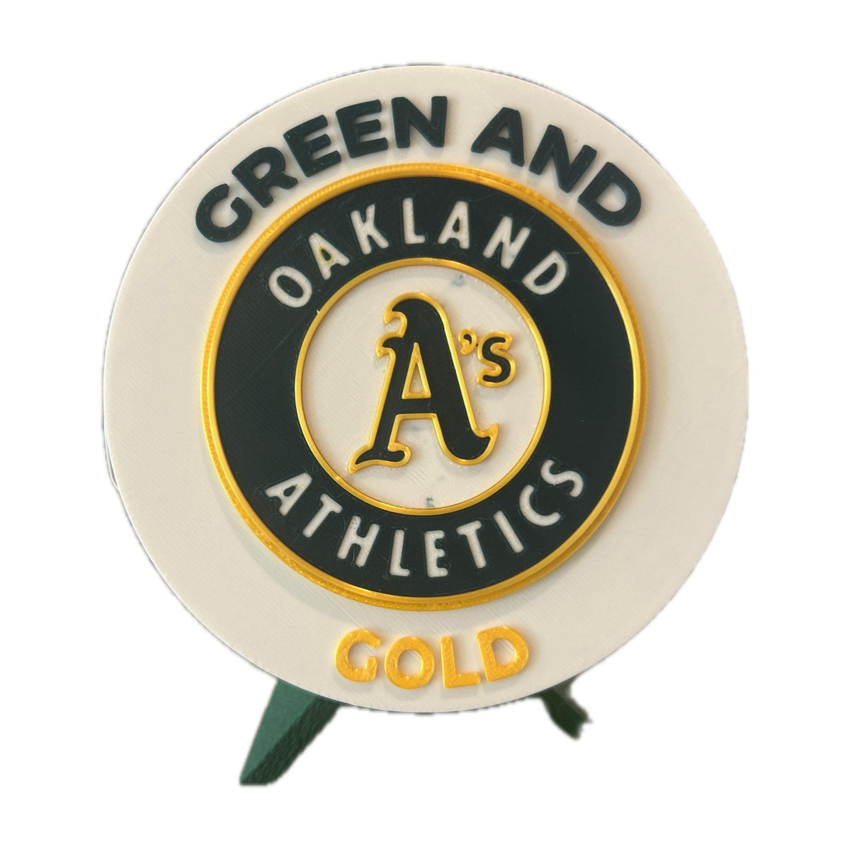 Oakland Athletics 3D printed round display medallion with stand, studio white background, made in USA