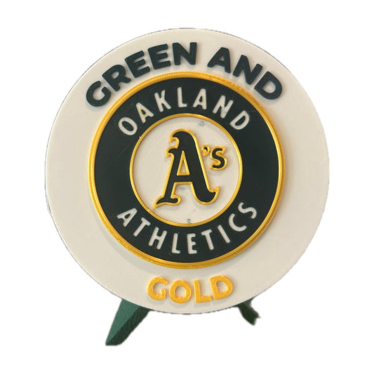 Oakland Athletics 3D printed round display medallion with stand, studio white background, made in USA