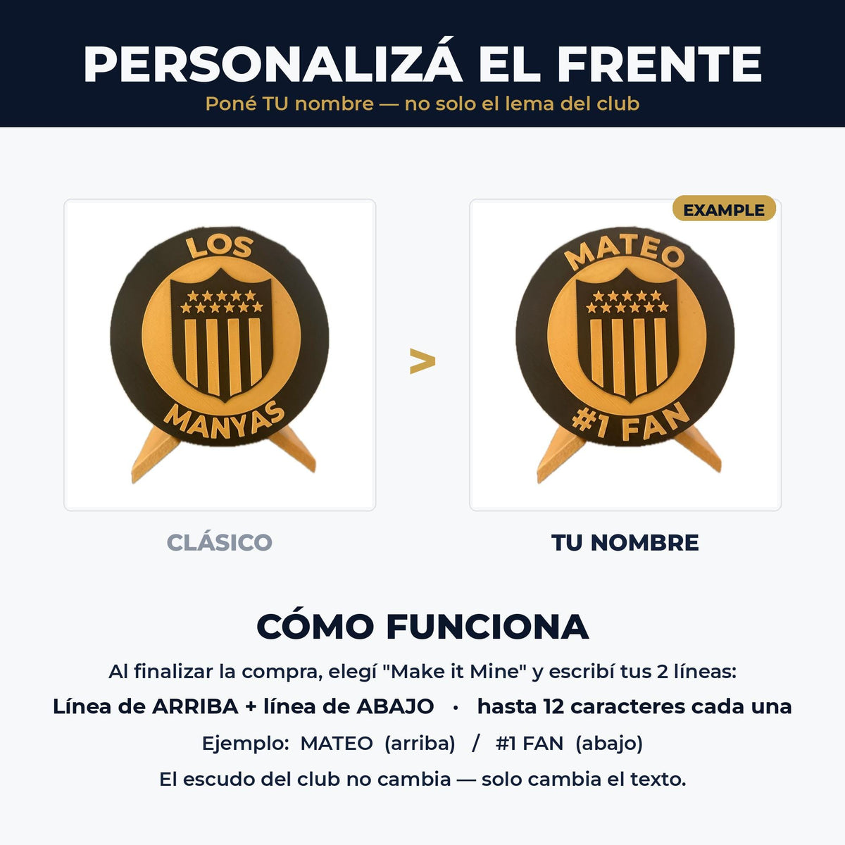 Personaliza tu medalla de Peñarol: cambia el lema por tu nombre arriba y una linea corta abajo, hasta 12 caracteres