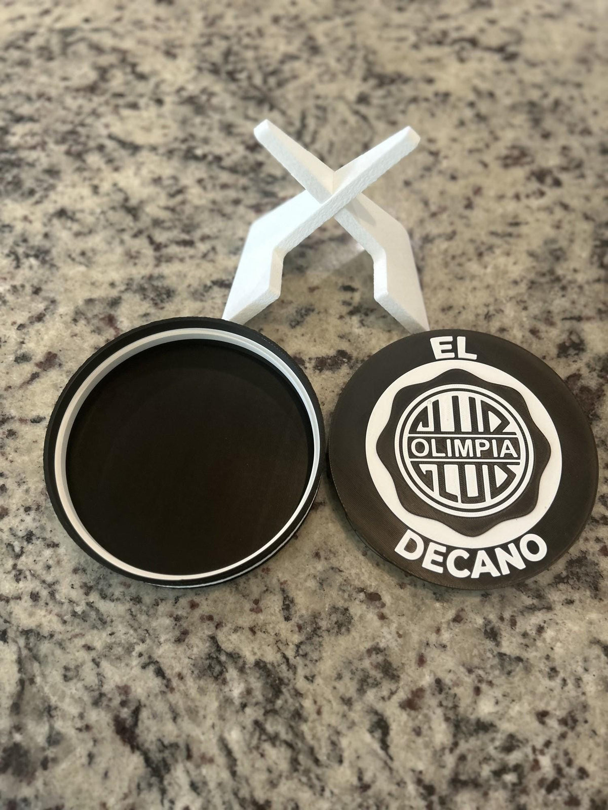 Club Olimpia 3D printed medallion open showing the hidden stash box inside, made in USA
