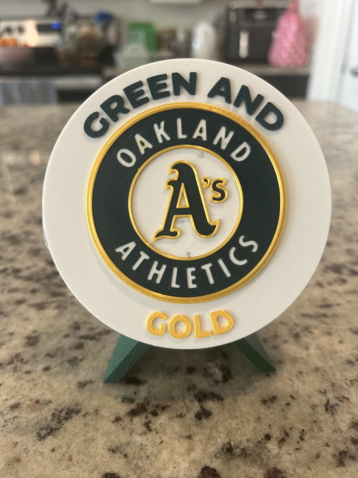 Oakland Athletics 3D printed round display medallion with stand and hidden stash boxfan gift, made in USA