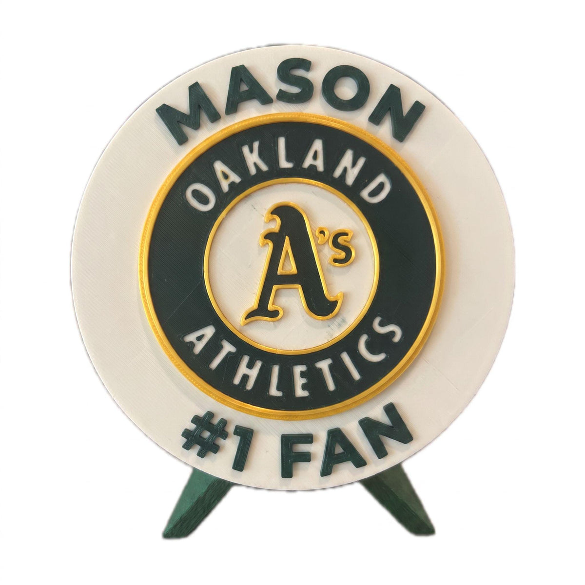 Oakland Athletics 3D printed medallion personalized example with a custom name on the frontfan gift, made in USA