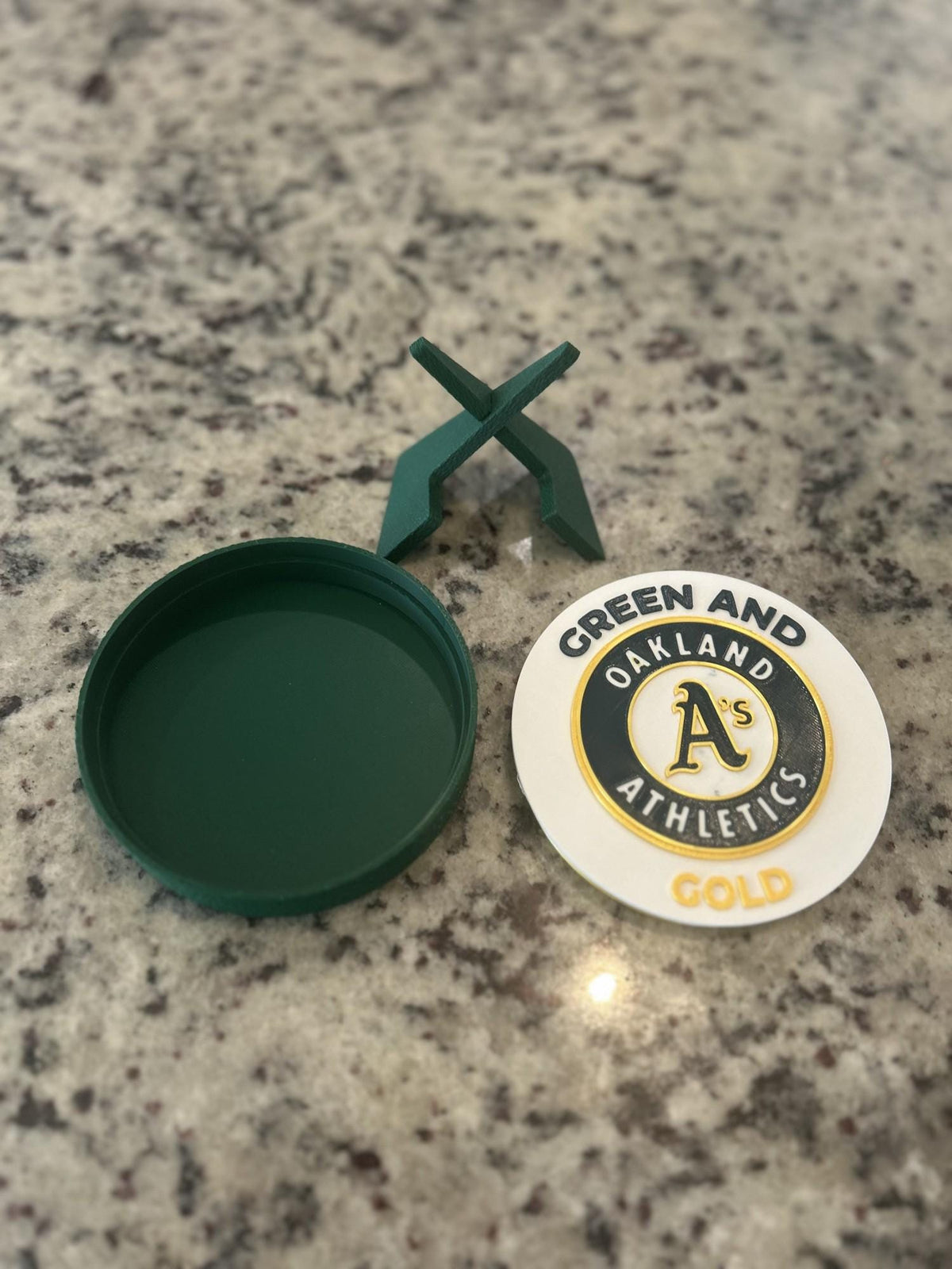 Oakland Athletics 3D printed medallion open showing the hidden stash box inside, made in USA