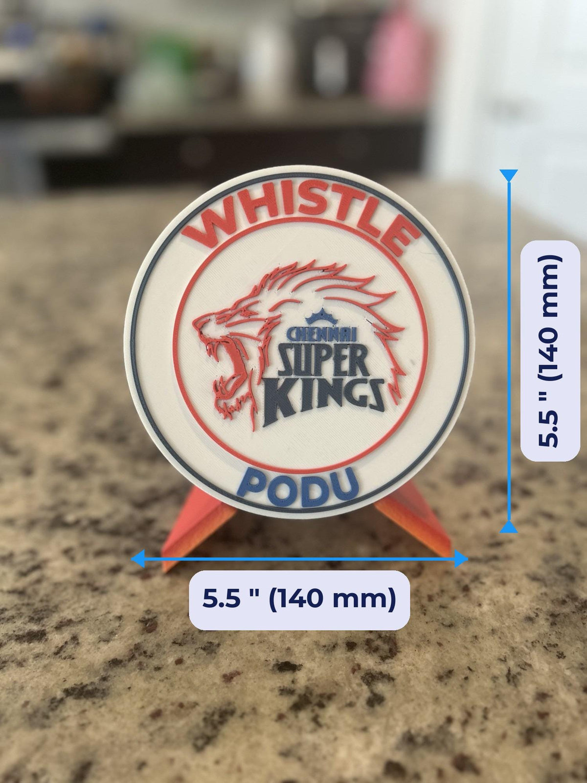 Size guide: Chennai Super Kings 3D printed round medallion 5.5 inches (140 mm) across, about 1 inch (25 mm) deep on the stand