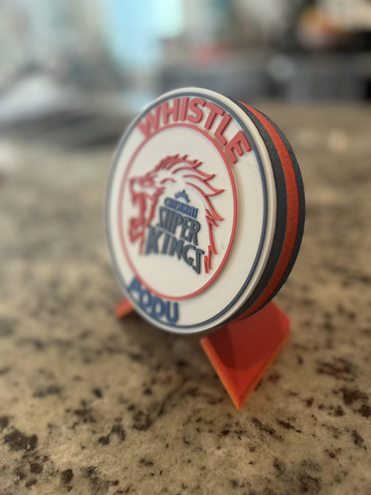 Chennai Super Kings 3D printed medallion on its display standfan decor, made in USA