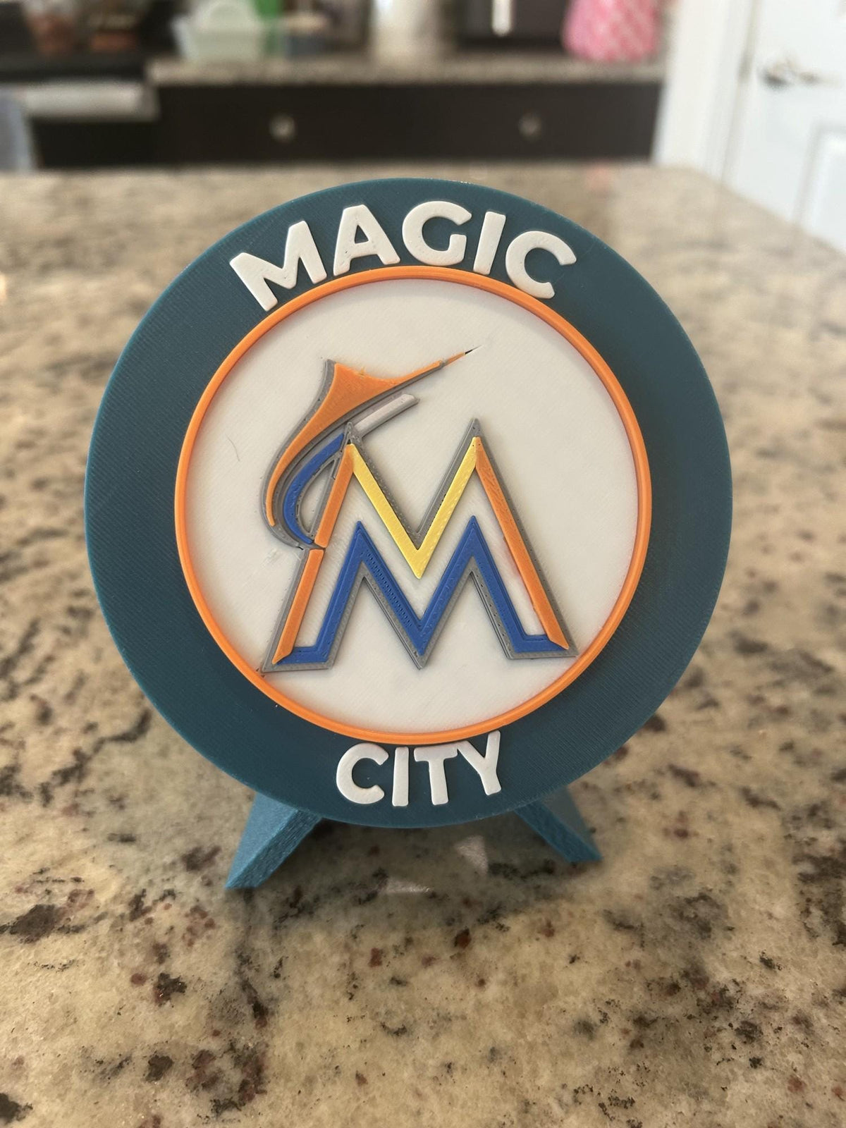 Miami Marlins 3D printed round display medallion with stand and hidden stash boxfan gift, made in USA