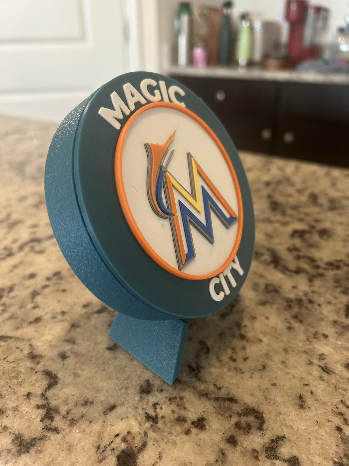 Miami Marlins 3D printed medallion on its display standfan decor, made in USA
