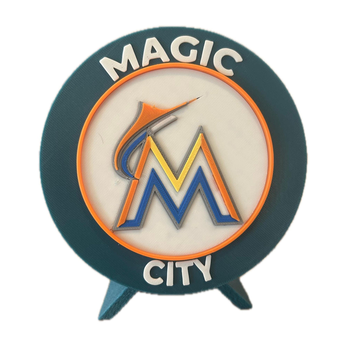 Miami Marlins 3D printed round display medallion with stand, studio white background, made in USA