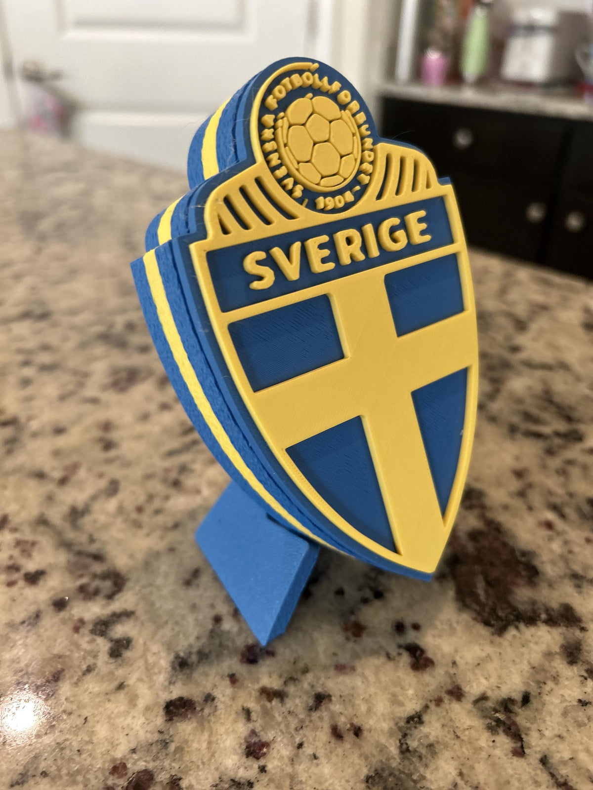 Sweden Sverige SvFF 3D printed blue and yellow crest display with stand and hidden stash box, Sweden national team soccer fan gift, made in USA
