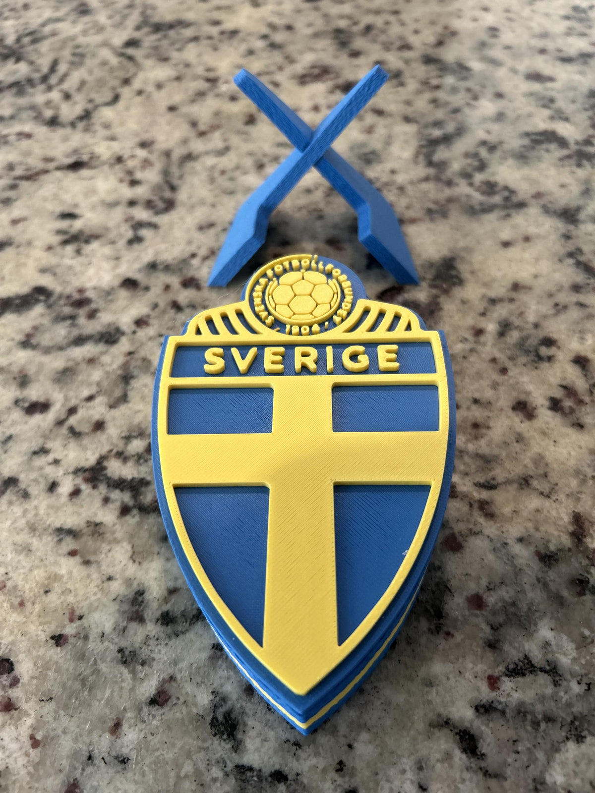 Sweden Sverige SvFF 3D printed blue and yellow crest display with stand and hidden stash box, Sweden national team soccer fan gift, made in USA