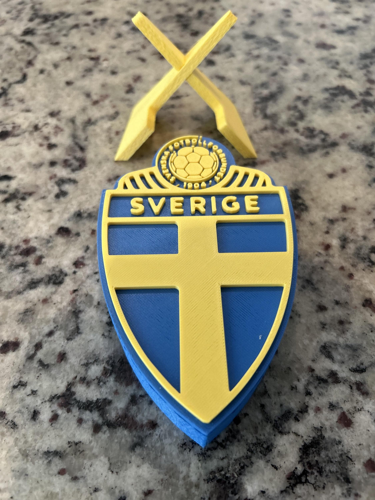 Sweden Sverige SvFF 3D printed blue and yellow crest display with stand and hidden stash box, Sweden national team soccer fan gift, made in USA