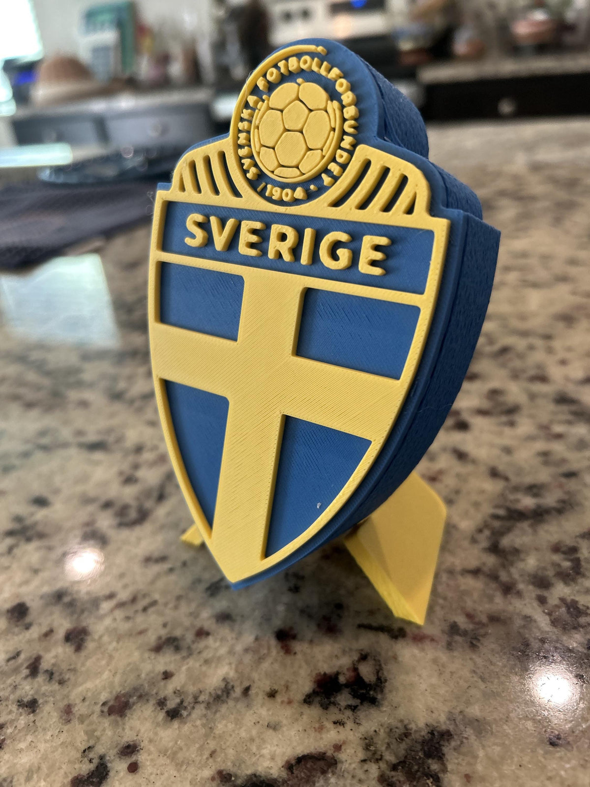 Sweden Sverige SvFF 3D printed blue and yellow crest display with stand and hidden stash box, Sweden national team soccer fan gift, made in USA