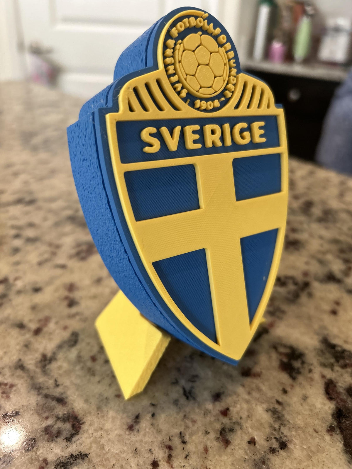 Sweden Sverige SvFF 3D printed blue and yellow crest display with stand and hidden stash box, Sweden national team soccer fan gift, made in USA