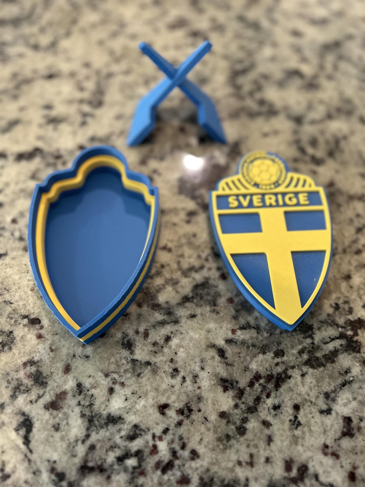 Sweden Sverige SvFF 3D printed blue and yellow crest display with stand and hidden stash box, Sweden national team soccer fan gift, made in USA