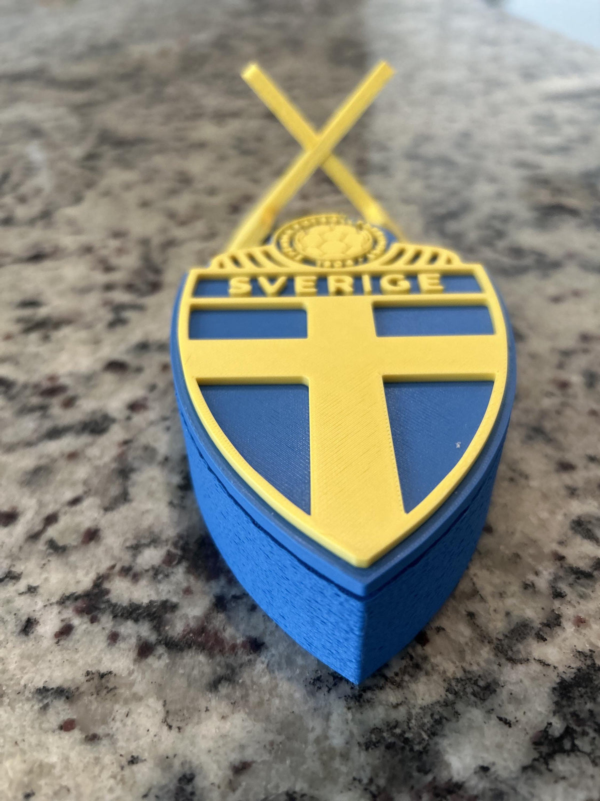 Sweden Sverige SvFF 3D printed blue and yellow crest display with stand and hidden stash box, Sweden national team soccer fan gift, made in USA