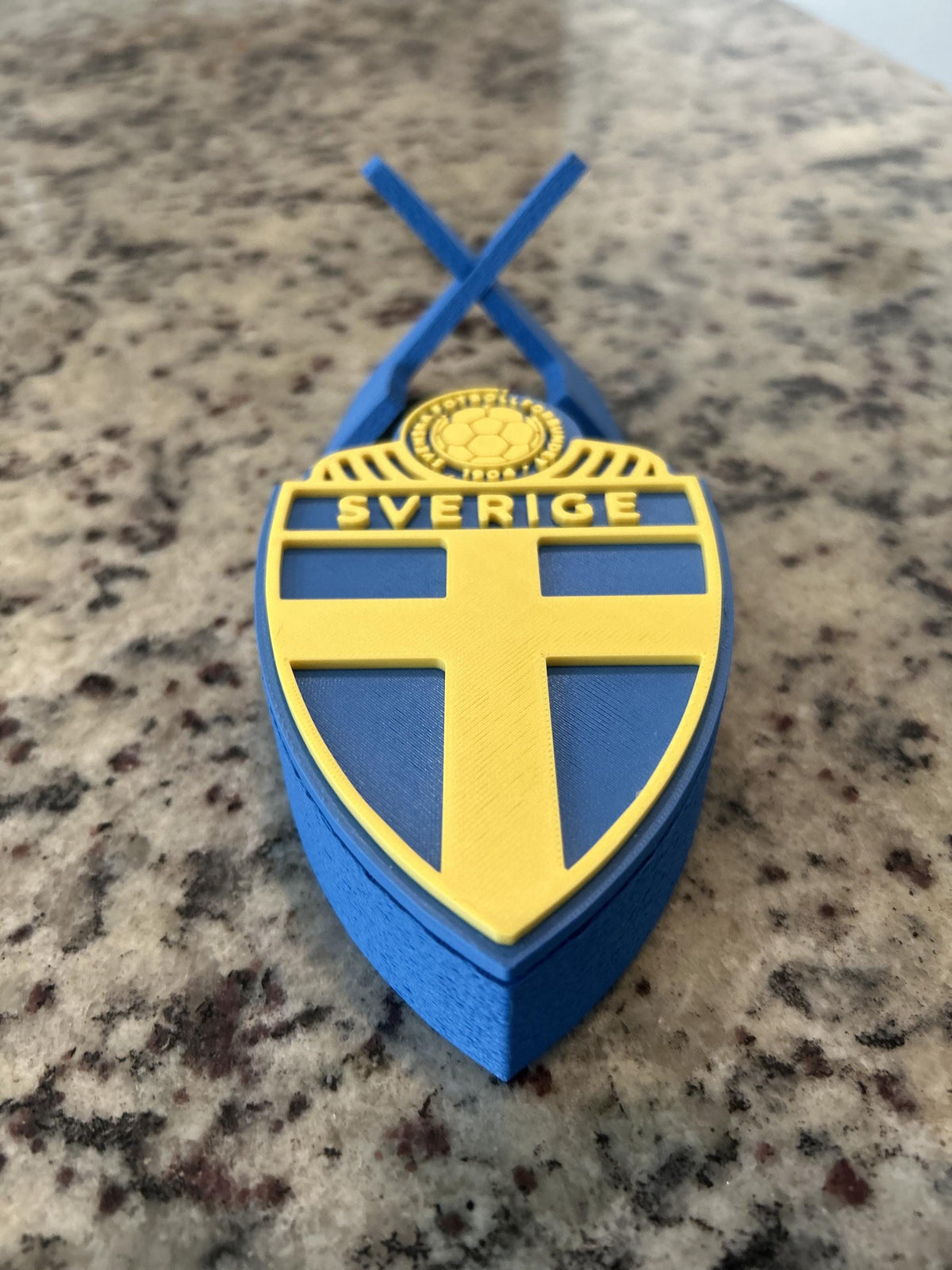 Sweden Sverige SvFF 3D printed blue and yellow crest display with stand and hidden stash box, Sweden national team soccer fan gift, made in USA