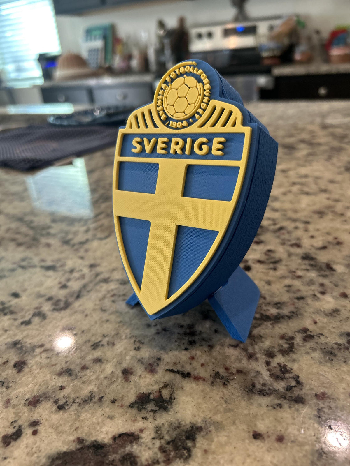 Sweden Sverige SvFF 3D printed blue and yellow crest display with stand and hidden stash box, Sweden national team soccer fan gift, made in USA