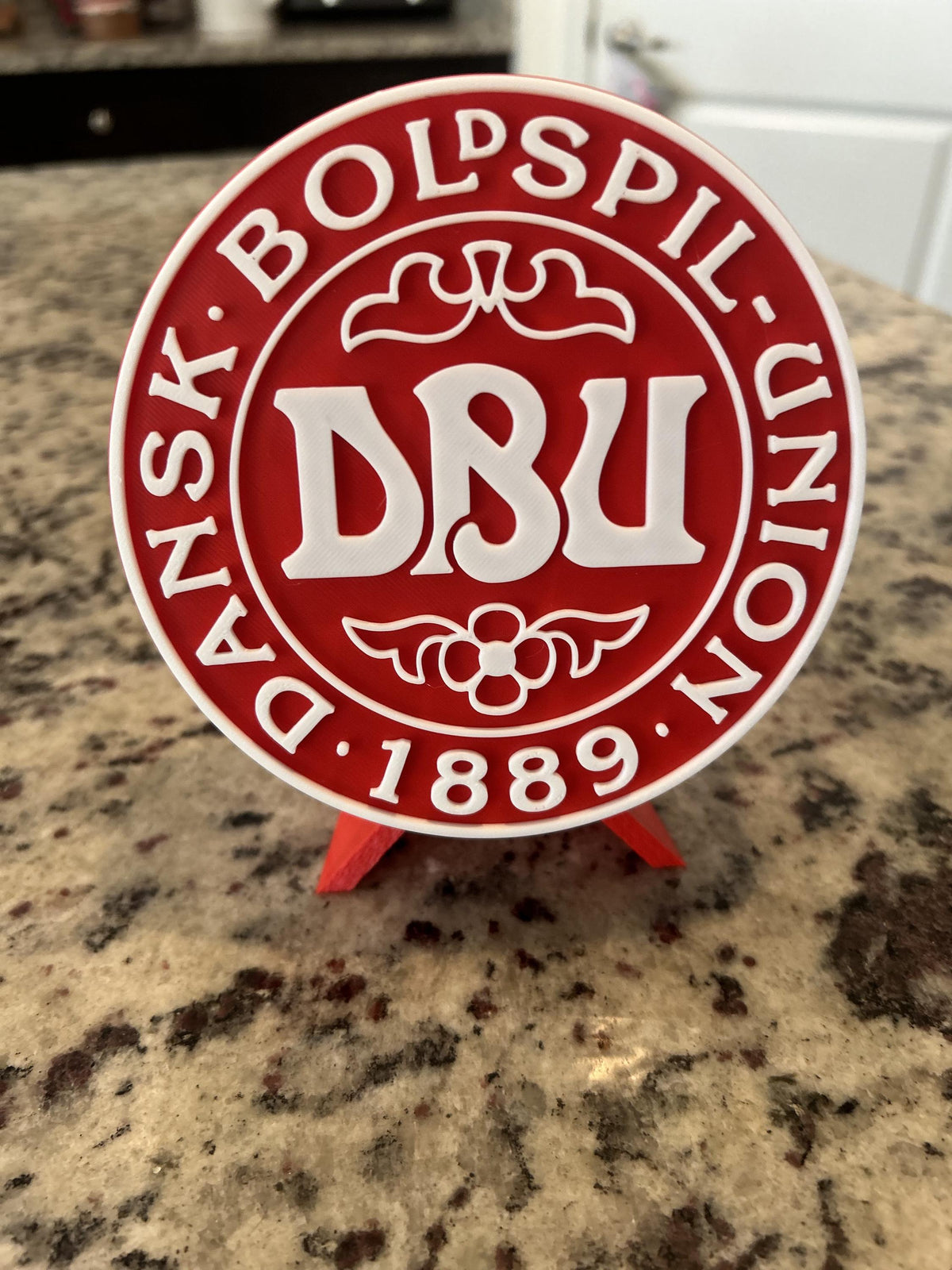 Denmark DBU Dansk Boldspil-Union 3D printed red roundel display with stand and hidden stash box, Denmark national team soccer fan gift, made in USA