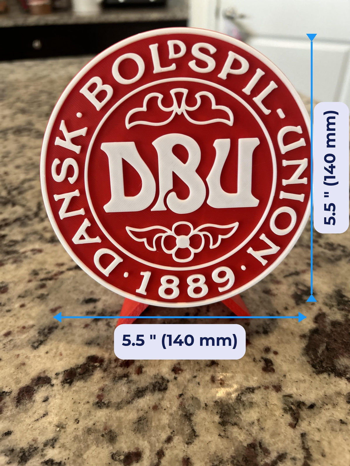 Denmark DBU Dansk Boldspil-Union 3D printed red roundel display with stand and hidden stash box, Denmark national team soccer fan gift, made in USA
