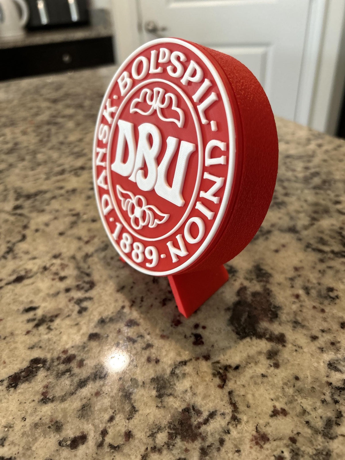 Denmark DBU Dansk Boldspil-Union 3D printed red roundel display with stand and hidden stash box, Denmark national team soccer fan gift, made in USA