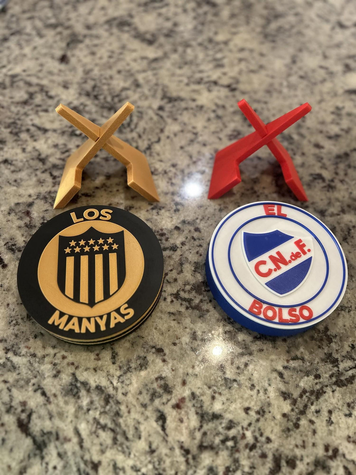 Nacional and Penarol combo set of two 3D printed Uruguay soccer display medallions with stands and stash boxes, free shipping fan gift, made in USA