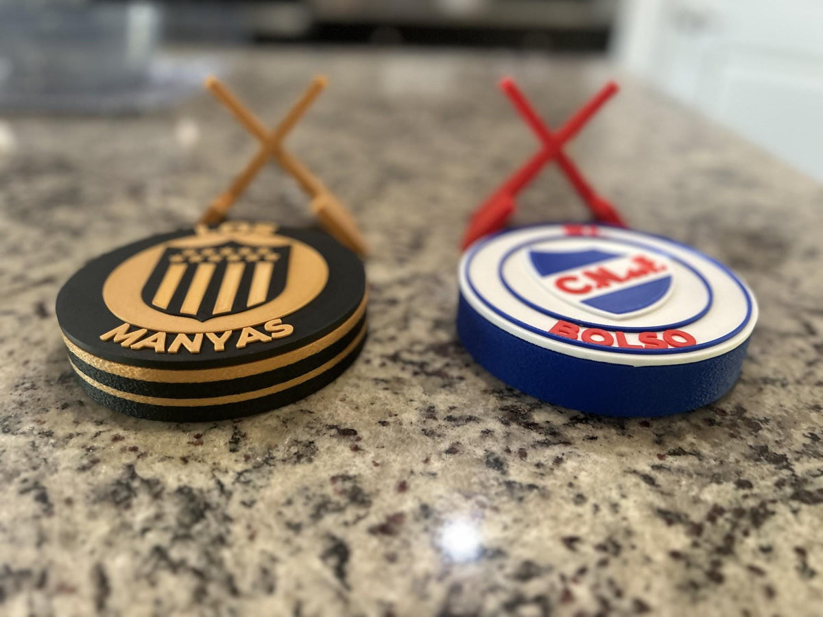 Nacional and Penarol combo set of two 3D printed Uruguay soccer display medallions with stands and stash boxes, free shipping fan gift, made in USA