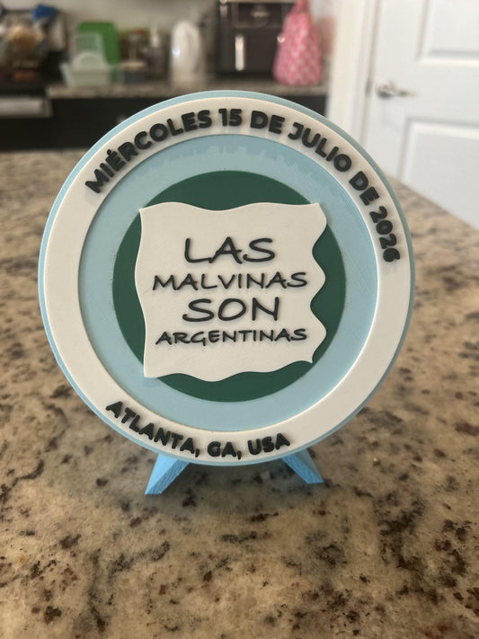 Las Malvinas Son Argentinas 3D printed commemorative display medallion with stand and stash box, Argentina flag banner, made in USA