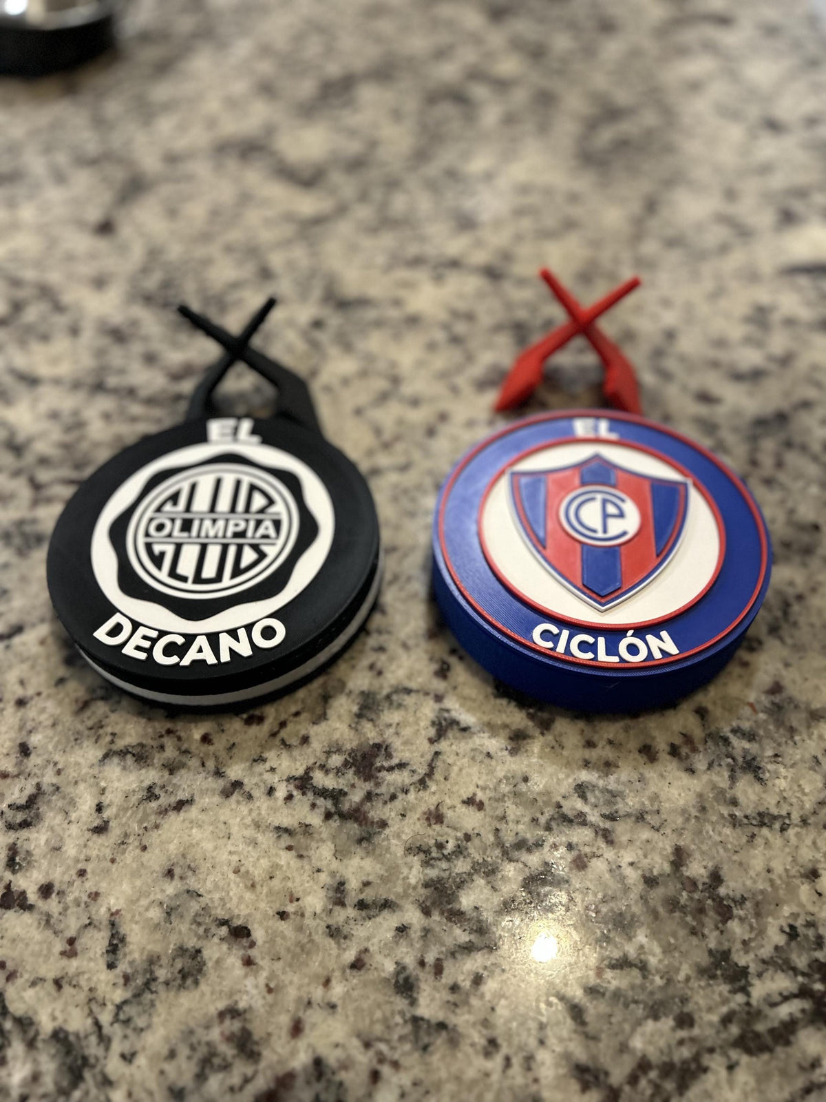 Paraguay Clasico set - Cerro Porteno and Olimpia 3D printed round medallions with stands and hidden stash boxesParaguayan soccer fan gift, made in USA