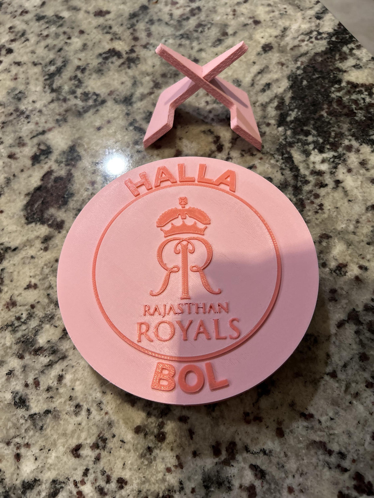 Rajasthan Royals RR 3D printed pink roundel display with leg stand and hidden stash box, personalized IPL cricket fan gift, made in USA