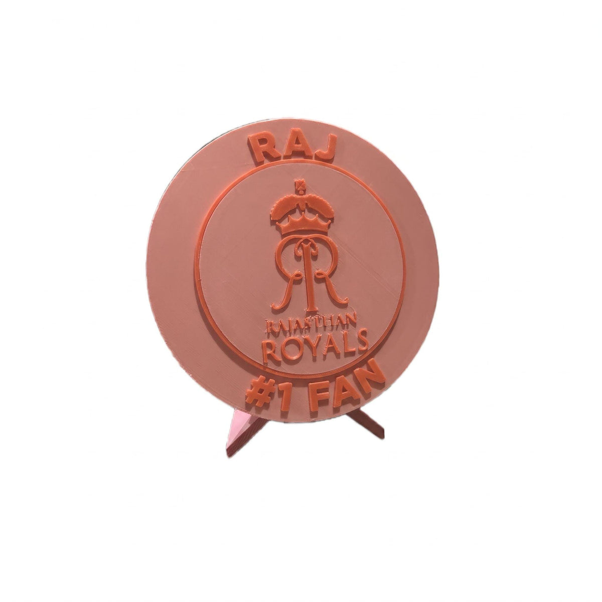 Personalized example: RAJ and #1 FAN on the Rajasthan Royals RR roundel, custom IPL cricket fan gift, made in USA