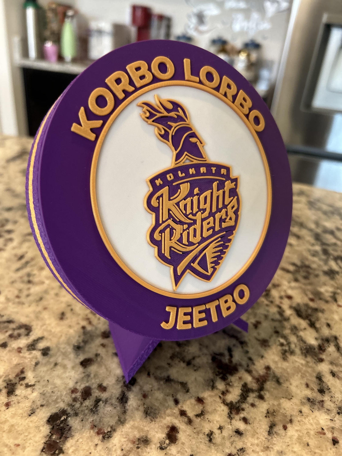Kolkata Knight Riders KKR 3D printed purple and gold roundel display with leg stand and hidden stash box, personalized IPL cricket fan gift, made in USA