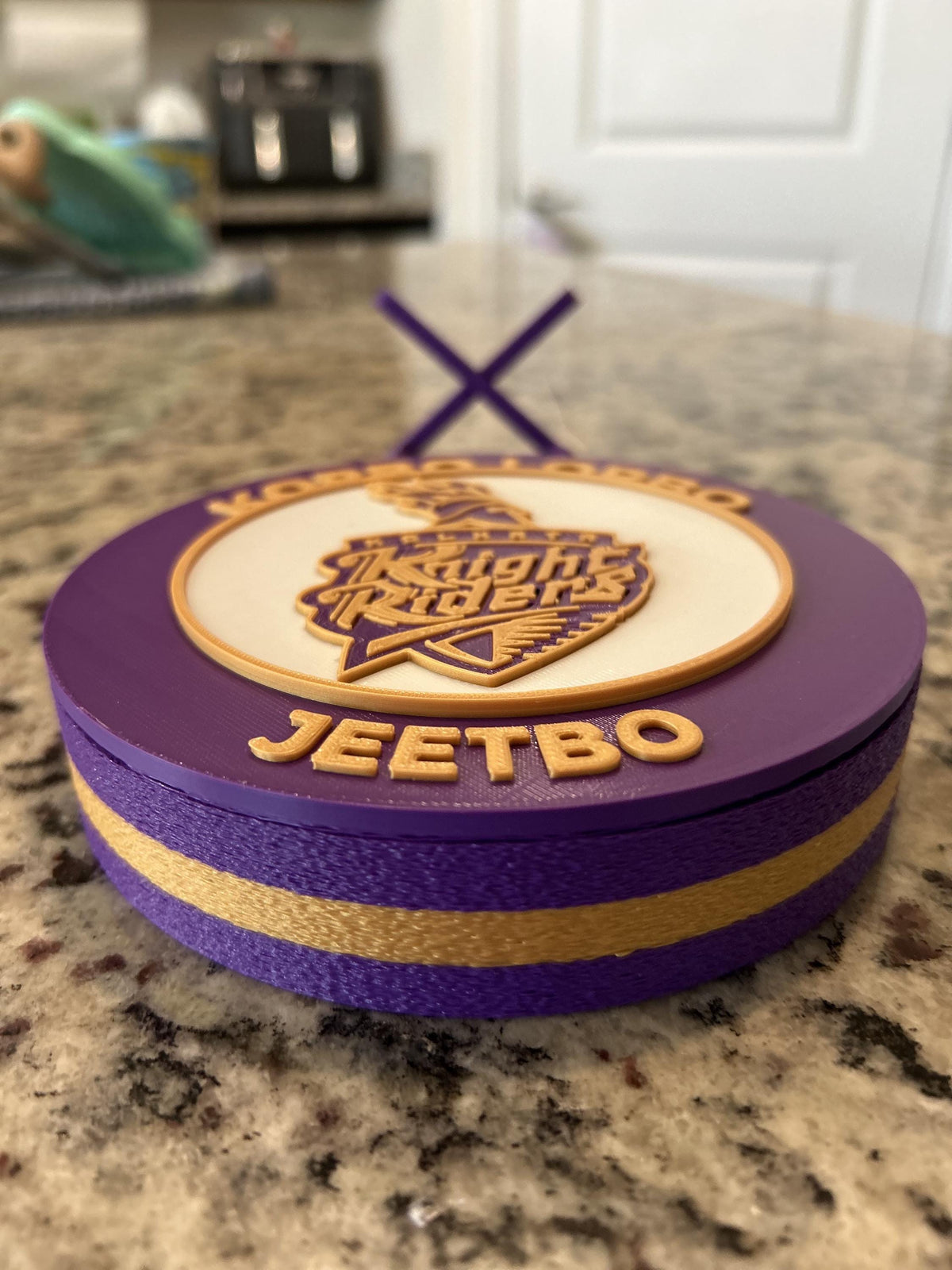 Kolkata Knight Riders KKR 3D printed purple and gold roundel display with leg stand and hidden stash box, personalized IPL cricket fan gift, made in USA